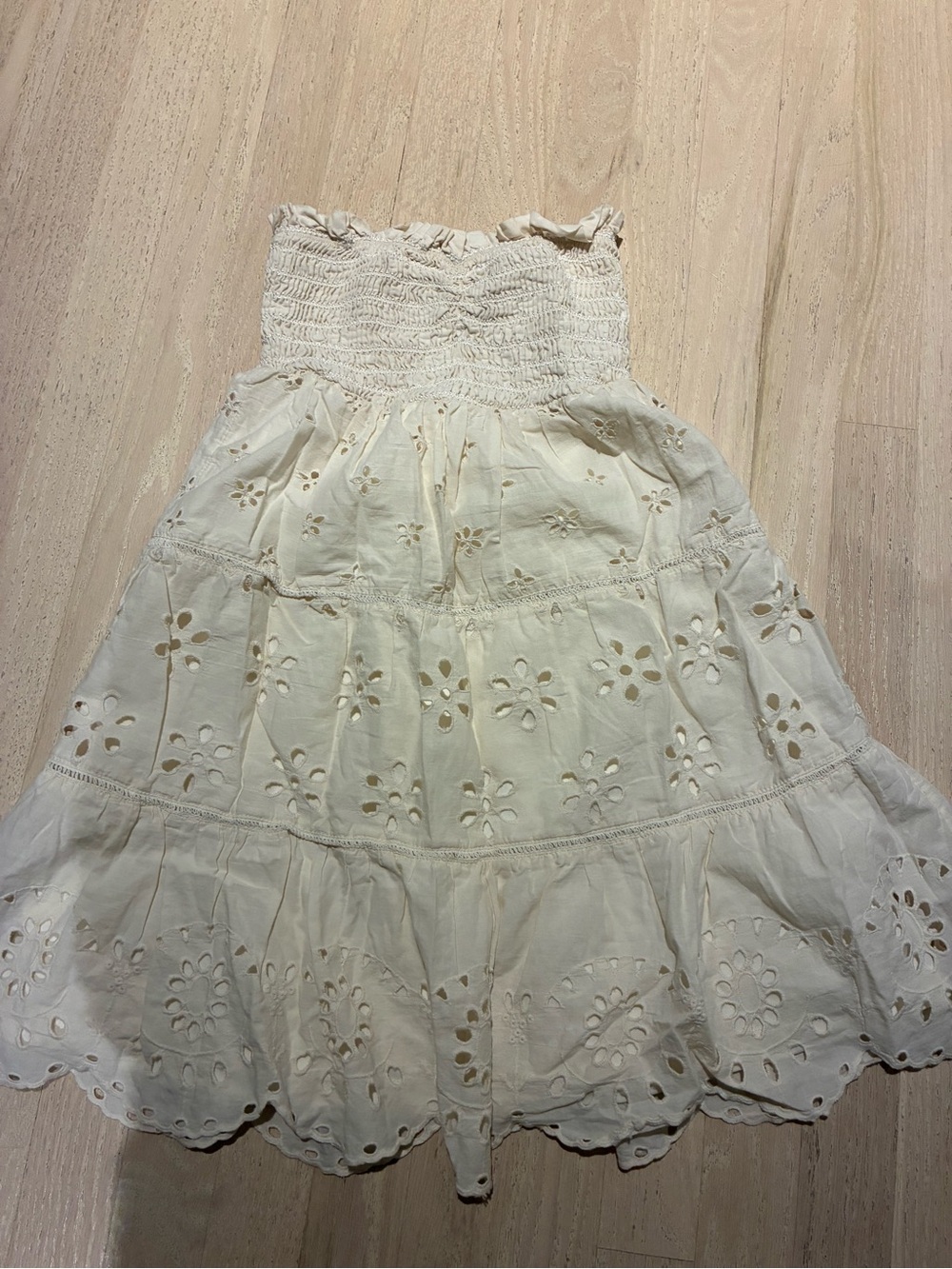 Strapless women’sCream Eyelet Sundress - Smocked Bodice